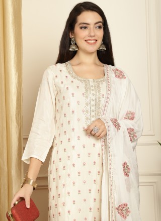Pure Silk Embroidered Off White Trendy Suit