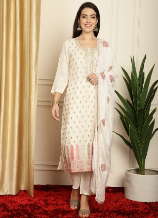 Pure Silk Embroidered Off White Trendy Suit