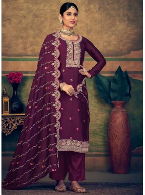 Pure Silk Sequins Purple Straight Salwar Kameez