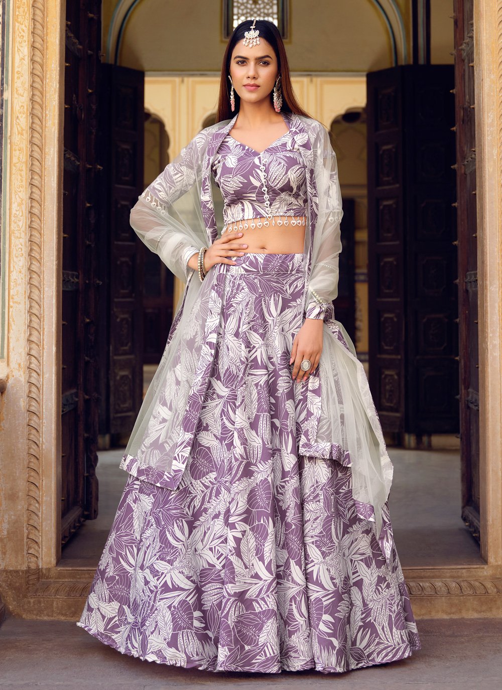 Purple and White Floral Print Ceremonial Designer Lehenga Choli
