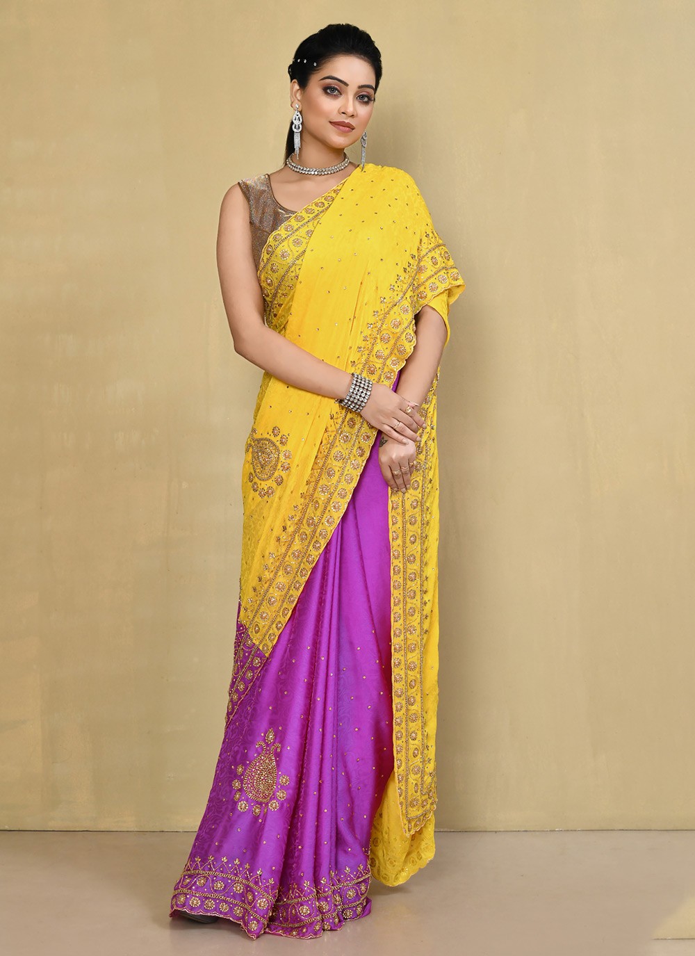 Buy online Purple & Yellow Silk Half & Half Saree from ethnic wear for  Women by Brijraj for ₹6369 at 0% off | 2024 Limeroad.com