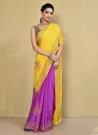 Purple and Yellow Embroidered Trendy Saree