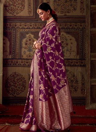 Purple Banarasi Silk Contemporary Saree with Weaving Work for Ceremonial