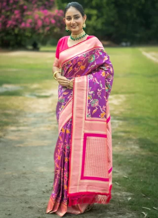 Purple Banarasi Silk Woven Work Classic Saree for Festival