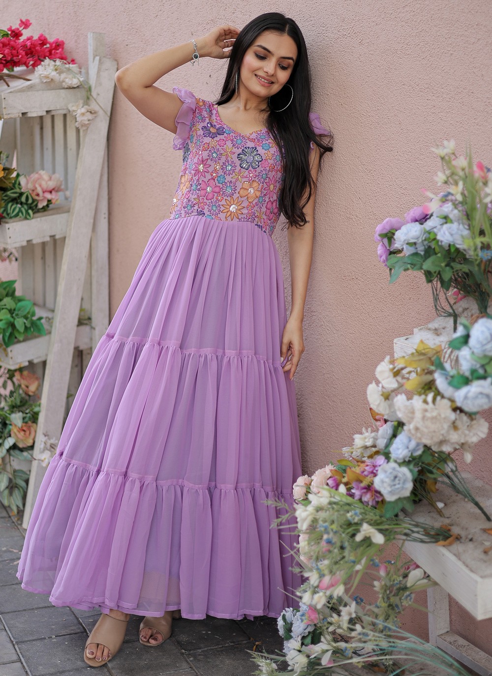 Designer Wedding Anarkali Dress Purple Colour Gown Full Set