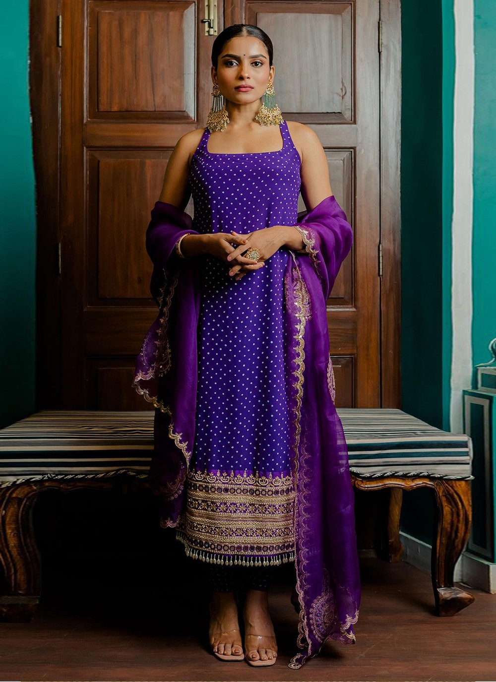 Embroidered Lavender Color Festive Wear Designer Salwar Suit In Organza  Fabric