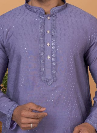 Purple Cotton Embroidered and Sequins Work Kurta Pyjama for Engagement