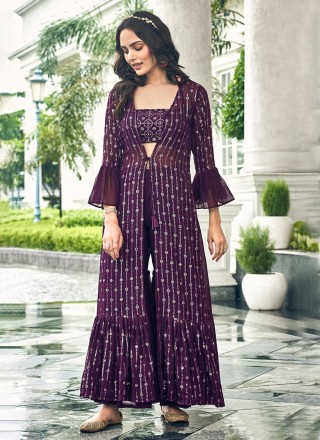 Purple Embroidered Faux Georgette Readymade Salwar Kameez