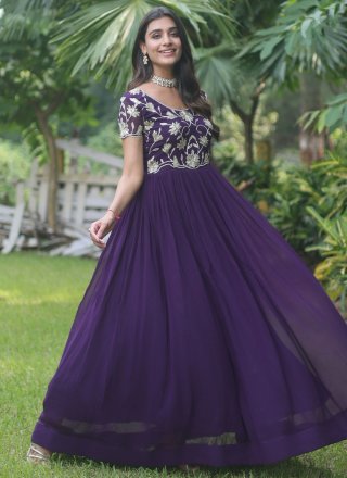 Purple Embroidered Work Faux Georgette  Designer Gown