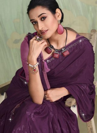 Purple Faux Crepe Designer Saree with Fancy and Stone Work