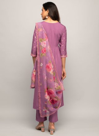 Purple Faux Crepe Print Work Salwar Suit