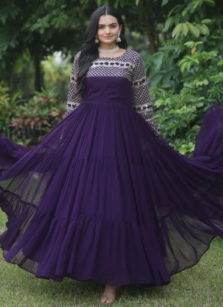 Purple Faux Georgette Embroidered, Sequins and Zari Work Designer Gown