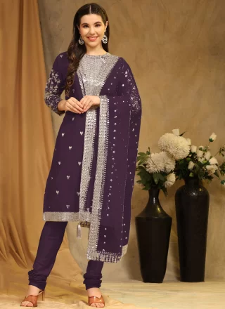 Purple Faux Georgette Salwar Suit with Embroidered Work for Women