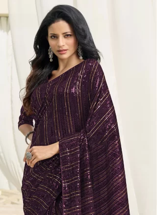 Purple Georgette Embroidered and Sequins Work Classic Sari for Women
