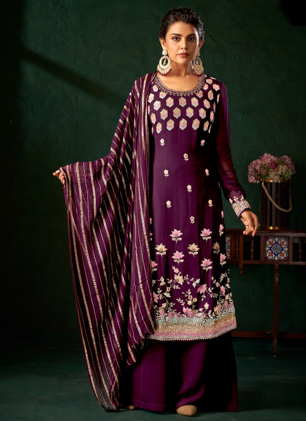 Purple Georgette Embroidered and Sequins Work Palazzo Salwar Suit for Women