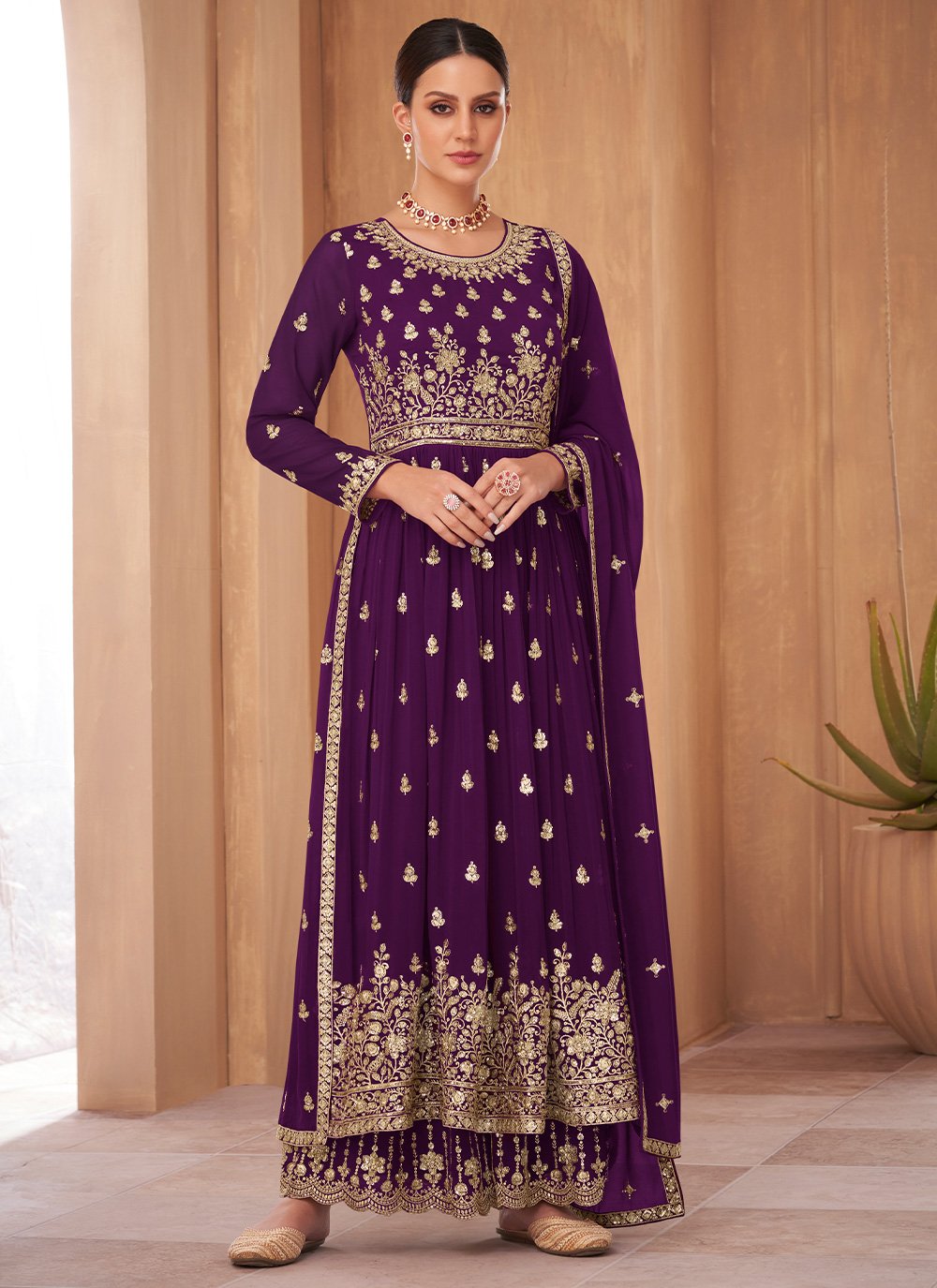 Purple Georgette Embroidered Readymade Salwar Kameez