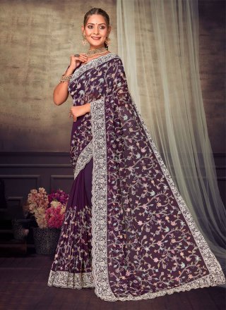 Purple Georgette Embroidered Work Traditional Saree