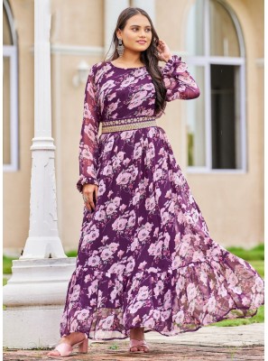 Purple Georgette Printed Readymade Gown