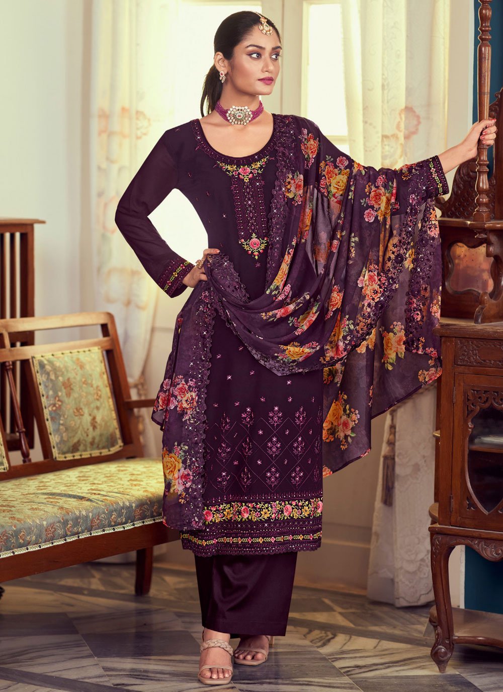 Purple Georgette Salwar Suit with Embroidered Work
