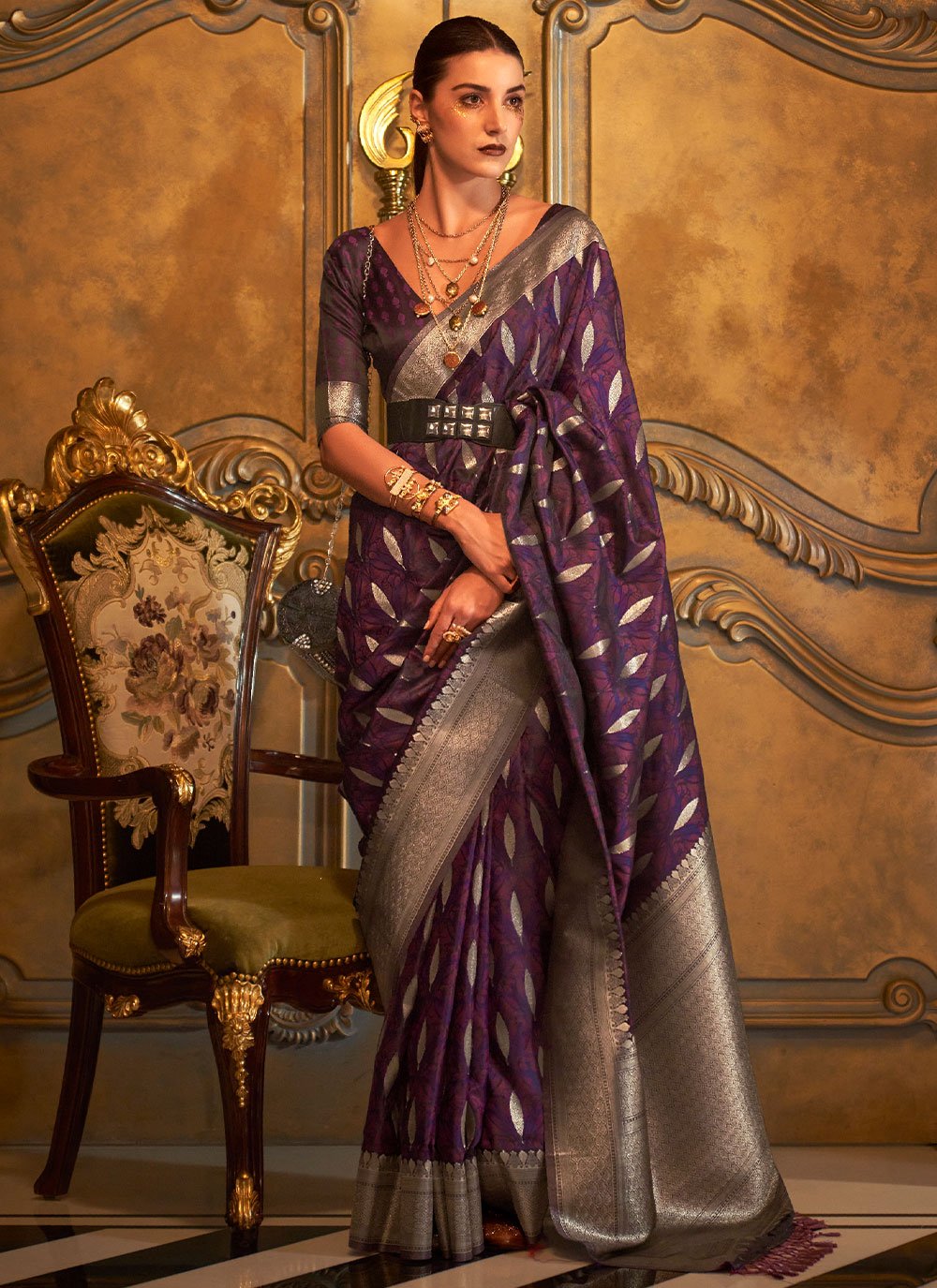 Purple Handloom silk Engagement Contemporary Style Saree