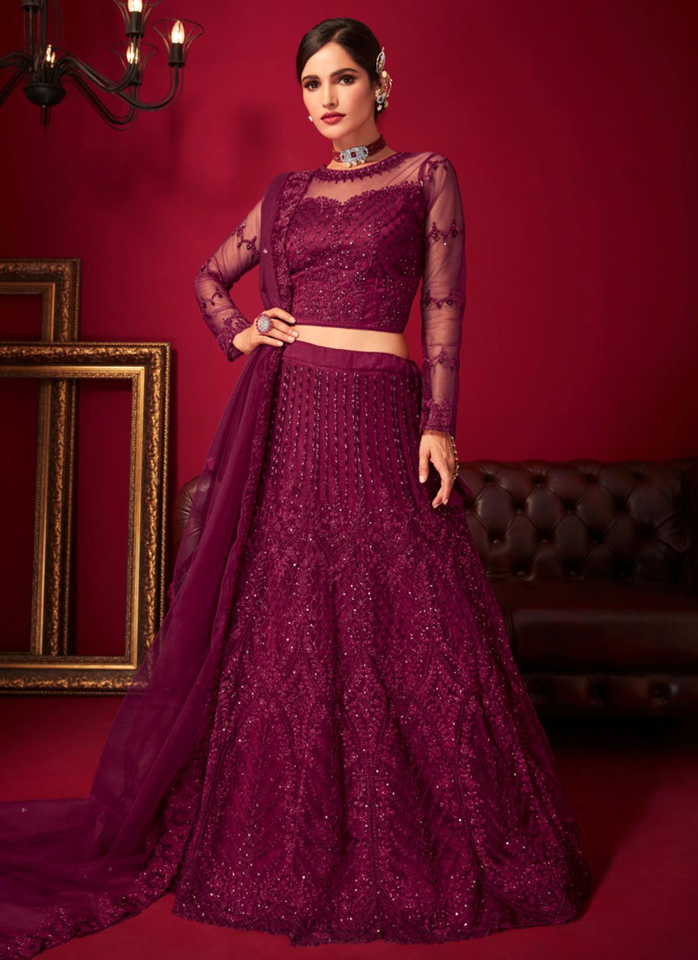 Buy Lavendula Purple Sequins Embroidered Net Engagement Lehenga Online |  Samyakk
