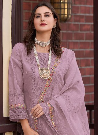 Purple Organza Pakistani Salwar Suit with Embroidered and Khatli Work for Ceremonial