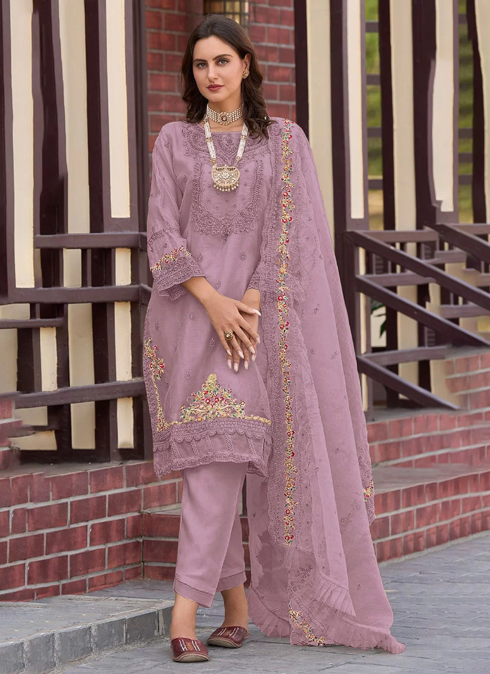 Buy Purple Organza Pakistani Salwar Suit with Embroidered and