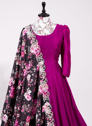 Purple Plain Vichitra Silk Readymade Gown