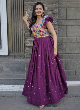 Purple Print Chinon Readymade Gown