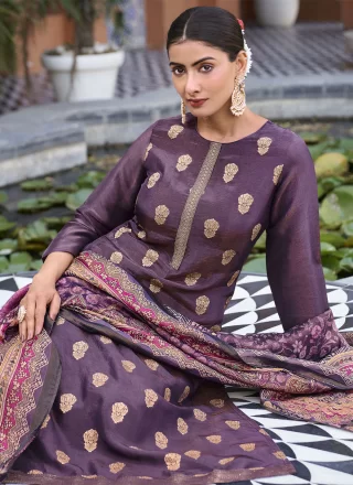 Purple Pure Silk Jacquard Work Palazzo Salwar Suit