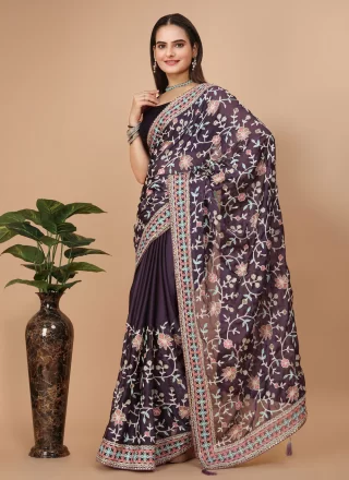 Purple Rangoli Classic Sari with Embroidered Work for Ceremonial