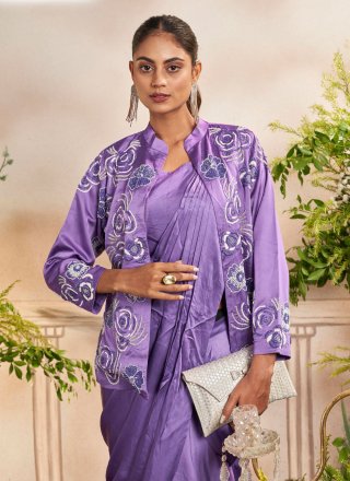 Purple Satin Patch Border Work Contemporary Sari for Women