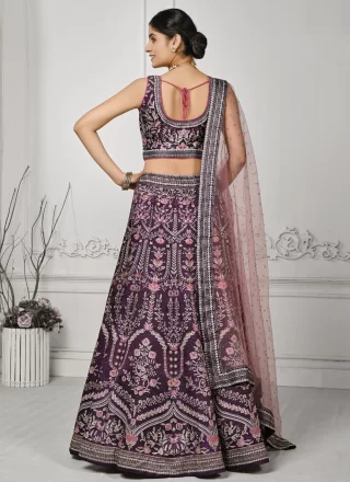 Purple Satin Silk Embroidered and Swarovski Work Lehenga Choli for Women