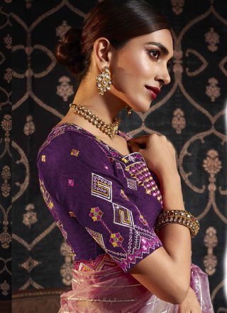 Purple Silk Classic Sari with Patch Border and Embroidered Work for Ceremonial