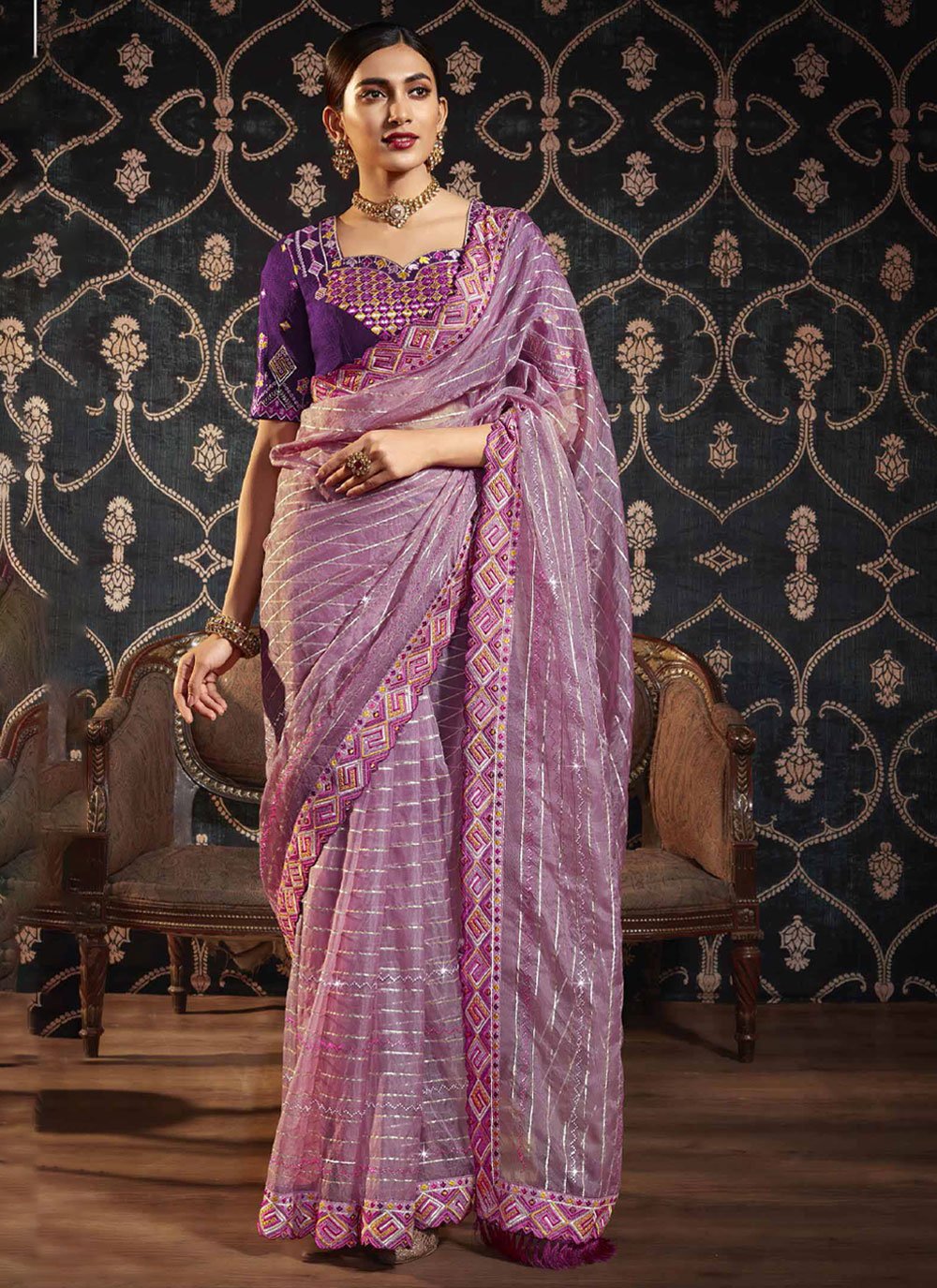 Purple Silk Classic Sari with Patch Border and Embroidered Work for  Ceremonial