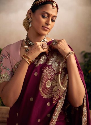 Purple Silk Contemporary Saree with Embroidered and Weaving Work