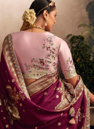 Purple Silk Contemporary Saree with Embroidered and Weaving Work