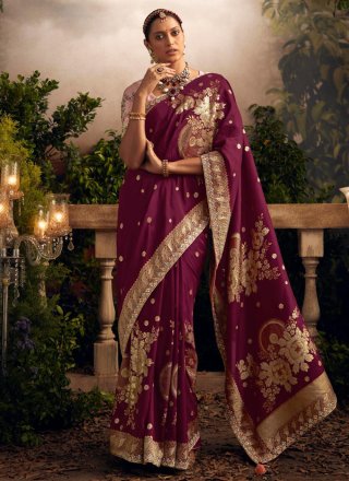 Purple Silk Contemporary Saree with Embroidered and Weaving Work