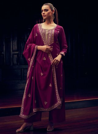 Purple Silk Embroidered and Resham Work Pakistani Salwar Suit