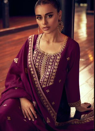 Purple Silk Embroidered and Resham Work Pakistani Salwar Suit