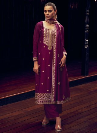 Purple Silk Embroidered and Resham Work Pakistani Salwar Suit