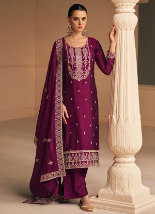 Purple Silk Embroidered and Resham Work Salwar Suit for Ceremonial
