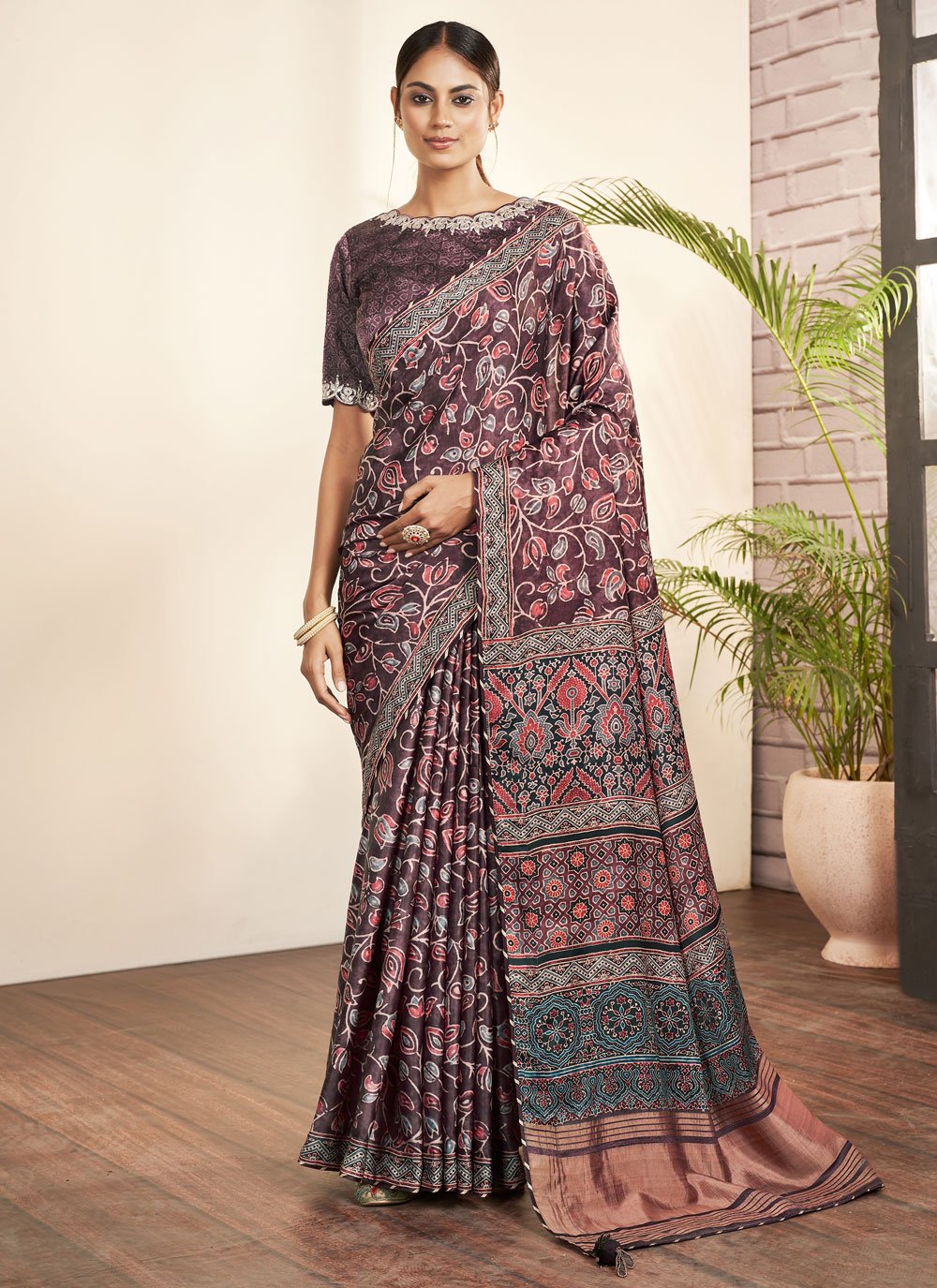 Purple Silk Floral Patch Work Classic Sari