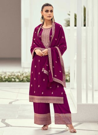 Purple Silk Palazzo Salwar Suit with Embroidered, Resham and Zari Work