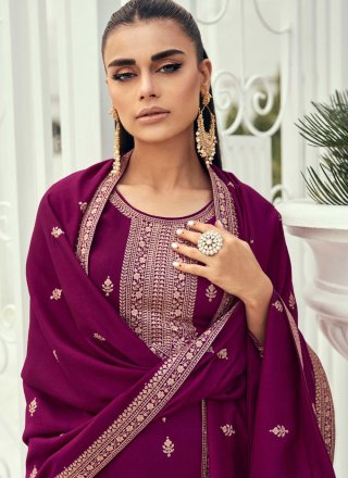 Purple Silk Palazzo Salwar Suit with Embroidered, Resham and Zari Work