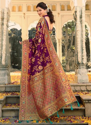 Purple Silk Woven Work Designer Saree