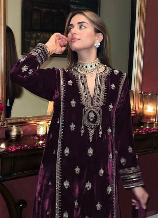 Purple Velvet Embroidered Work Salwar Suit