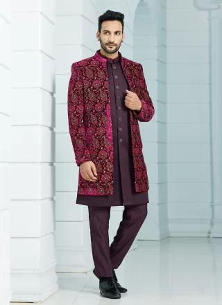 Rani and Wine Velvet Fancy and Print Work Indo Western Sherwani for Engagement