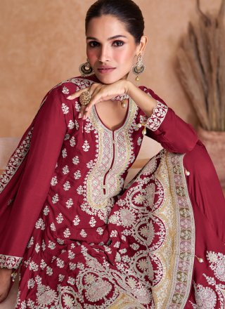Rani Chinon Palazzo Salwar Suit with Embroidered and Resham Work for Ceremonial