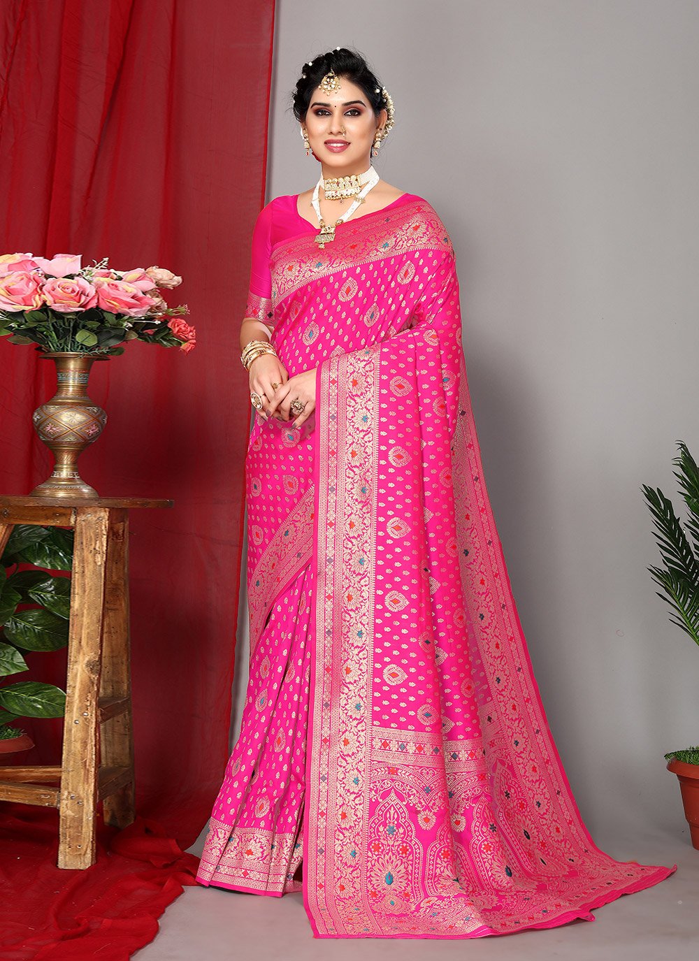 Buy House Of Begum Katan Silk Rani Pink With Silver Zari Work With  Unstitched Blouse online